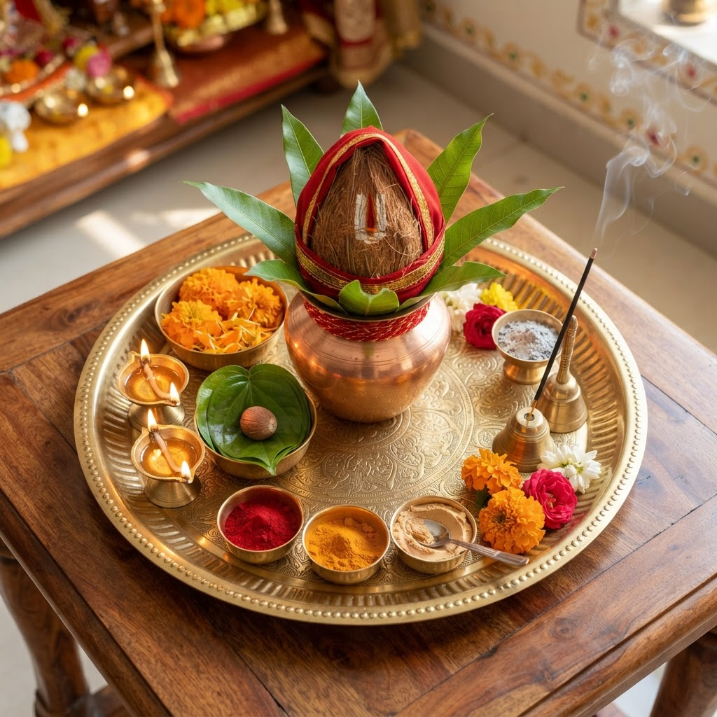 Traditional pooja items arranged for a Sethuyatra ritual workflow in Rameswaram India